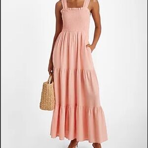 Express Tiered Linen Blend Coral Maxi Dress